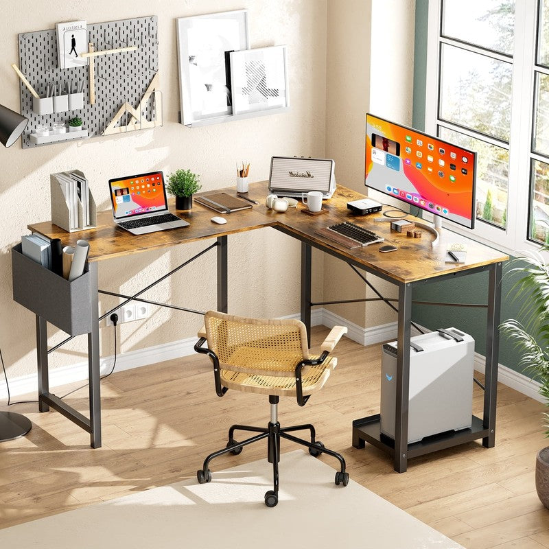 49" Modern L Shaped Computer Desk w/ Storage Shelf & Side Bag Rust3