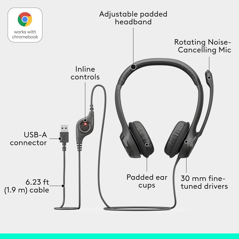 H390 Wired USB Headset for PC/Laptop, Noise Cancelling Mic, Chromebook USB-A5