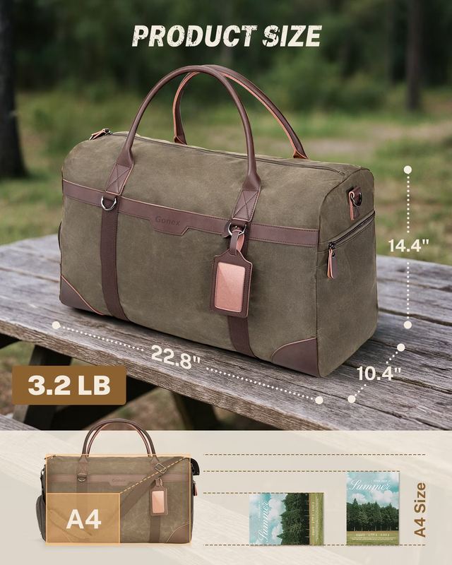 55L Waxed Canvas Duffle Bag Water Resistant Vintage Travel w/Shoe Comp2