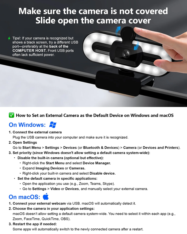 4K HD USB Webcam with Ring Light Autofocus Dual Mics for PC Laptop Gaming3