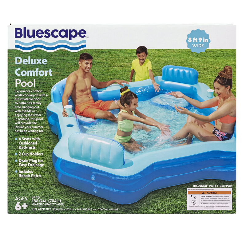 Blue Deluxe Comfort Inflatable Family Swimming Pool, 4 Seats, Square, Age 6 & Up2