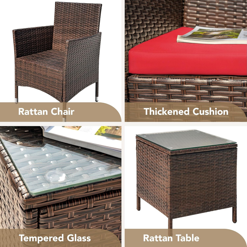 3 Piece Patio Furniture Set PE Rattan Outdoor Bistro Set Brown Red Patio Porch6
