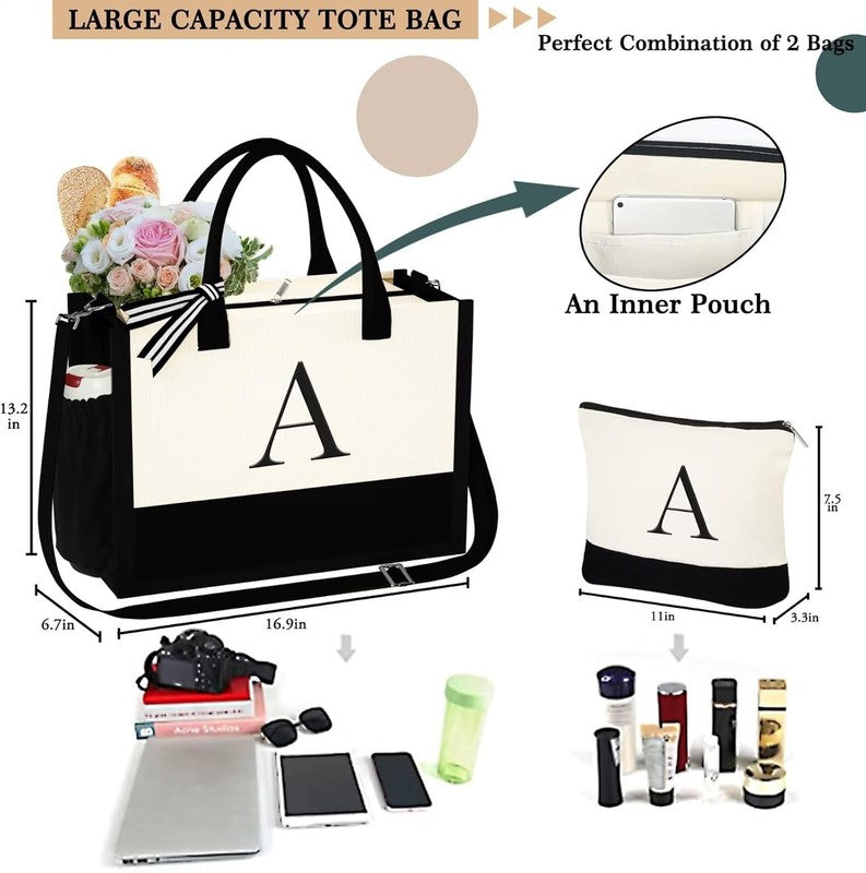 Christmas Gifts for Women - Initial Tote Bag & Makeup Bag, Womens Christmas Stoc7