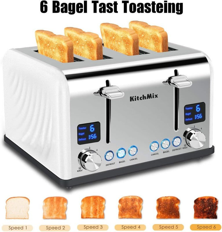 4 Slice Toaster White - Stainless Steel, LCD Timer, Wide Slots, Dual Display1