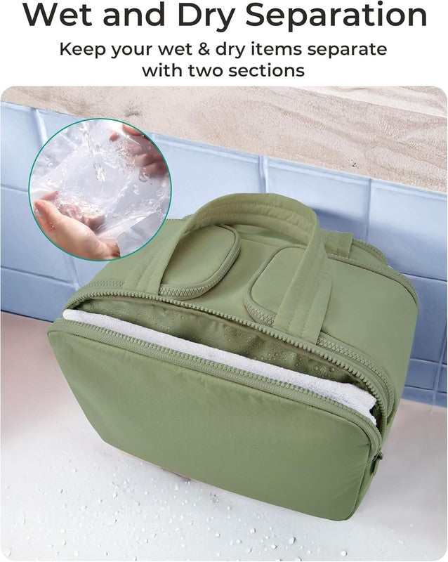Travel Toiletry Bag Large Wide-Open Makeup Organizer Handle for Women Green3