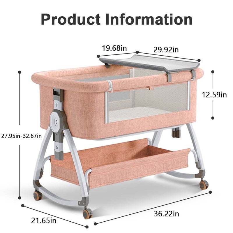 4 in 1 Baby Bassinet Pink Bedside Crib w/ Storage, Wheels & Changing Table1