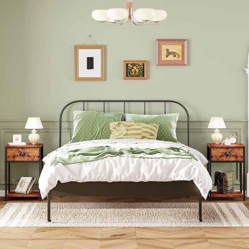 Set of 2 Nightstands w/ Fabric Drawer & Storage Shelf Rustic Brown Bedside Table1