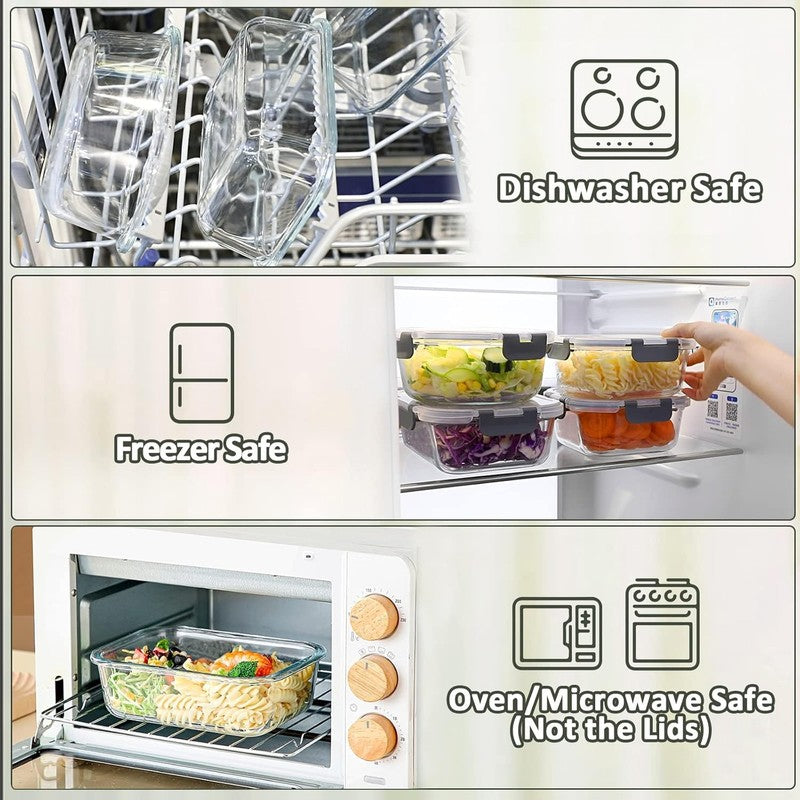 10 Pack Glass Meal Prep Containers Airtight Snap Lock Lids Microwave Oven3