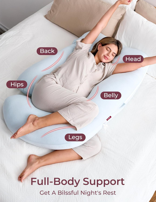 57in U Shaped Pregnancy Pillow Full Body Maternity Jersey Cotton Blue2