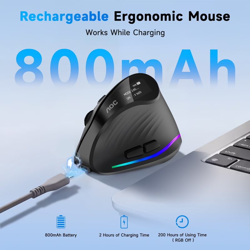 Ergonomic Vertical Wireless Mouse Rechargeable 4800 DPI RGB Silent Black7