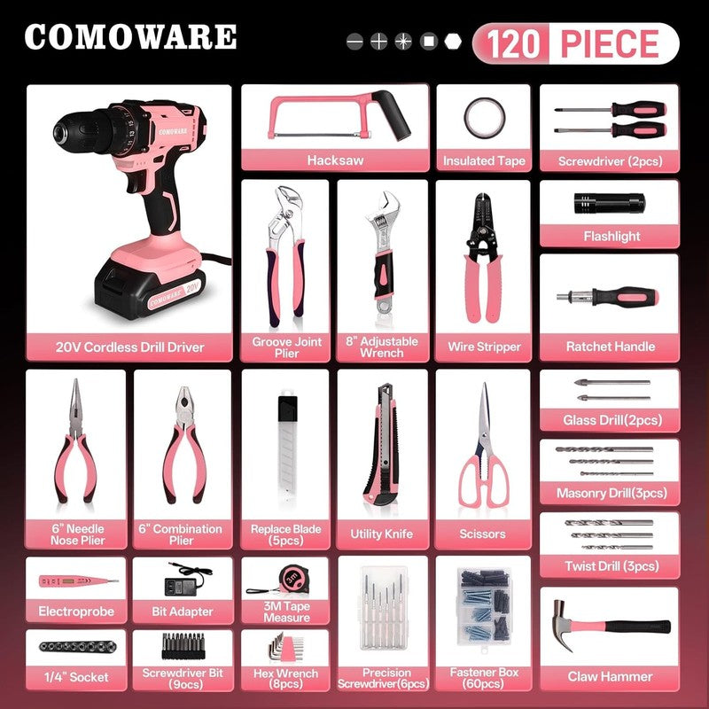 20V Cordless Drill Tool Set Pink 120Pc Hand Tools Home DIY Office Garden Toolbox1