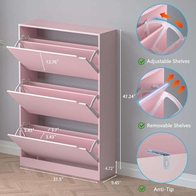 47.2'' Shoe Cabinet 3 Flip Drawers Freestanding Entryway Hallway White/Pink1