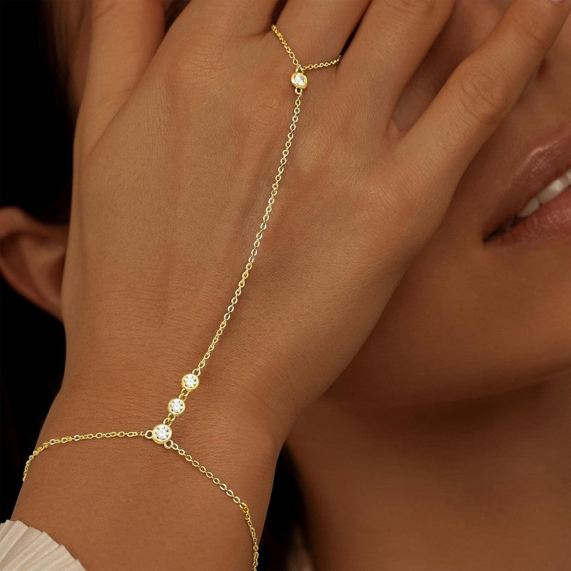 14K Gold Plated CZ Link Hand Chain Bracelet Set, 2 Pcs Jewelry for Women7