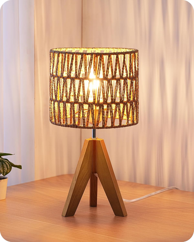 Small Table Lamp Rattan Wood Tripod Bedside Boho Nightstand Lamp E260
