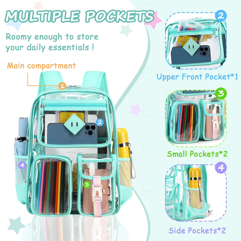 Large Clear Book Bag Waterproof See Through Backpack Green Daisy6