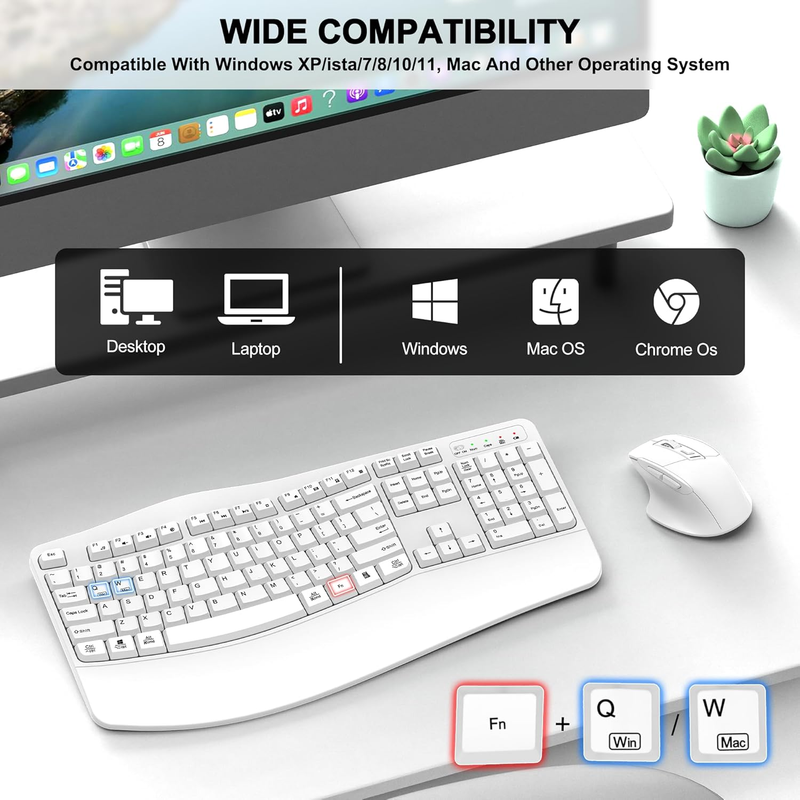 Wireless Keyboard and Mouse Combo, 2.4G Full Size Wave Keys Ergonomic Keyboard w6