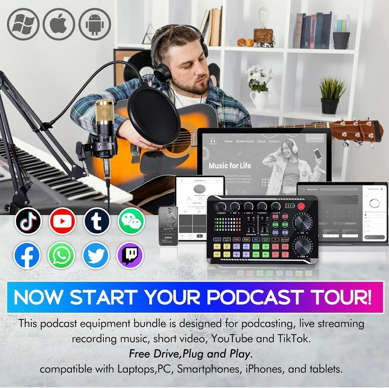 Podcast Equipment Bundle BM 800 Mic Gold & F998 Sound Card Recording Kit5