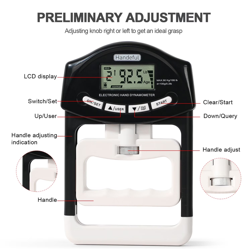 Grip Strength Tester Hand Dynamometer 198lb 90kg Fitness Trainer LCD3