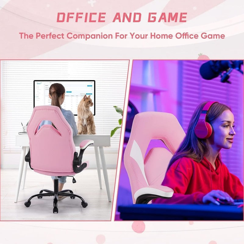 Big & Tall Gaming Office Chair PU Leather Swivel Flip Up Arms Lumbar Pink5
