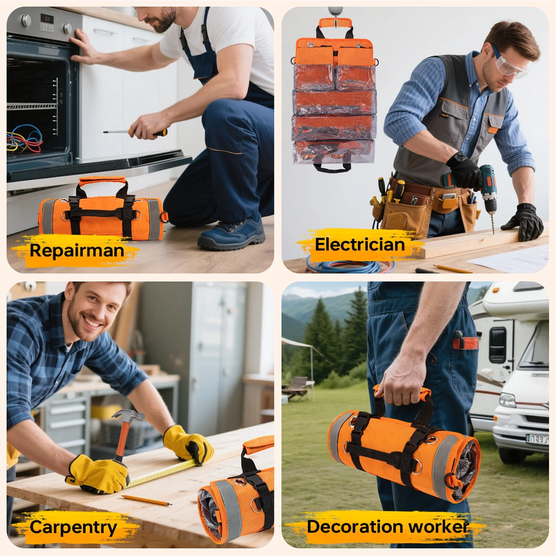 18Pc Home Tool Set DIY Kit Hammer Pliers Wrenches Roll Up Tool Bag Orange3
