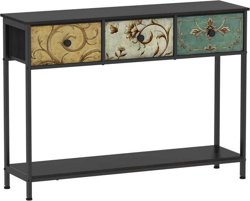 Black Entryway Console Table Boho Farmhouse Sofa Table 3 Fabric Drawers Shelf6