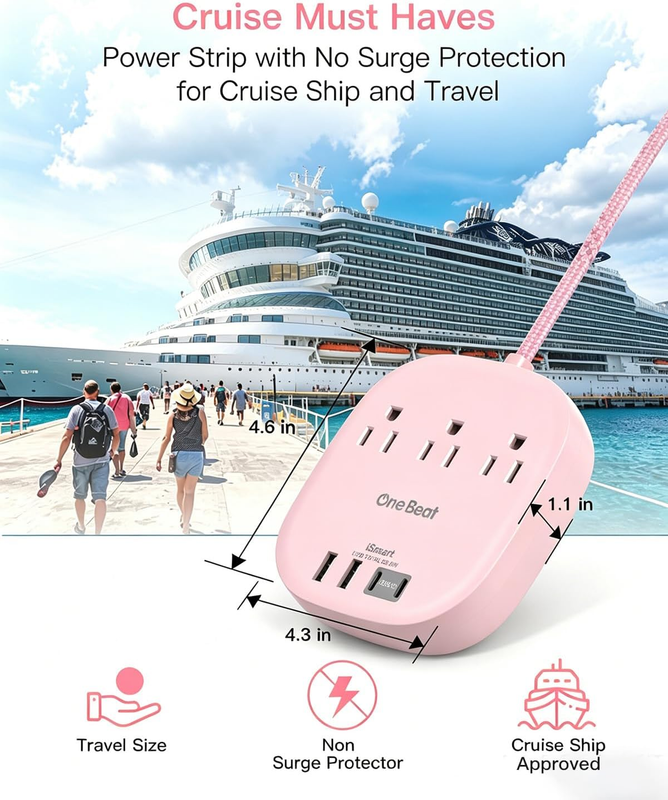 Cruise Approved Power Strip 3 Outlets 4 USB 2 USB C 6FT Pink4
