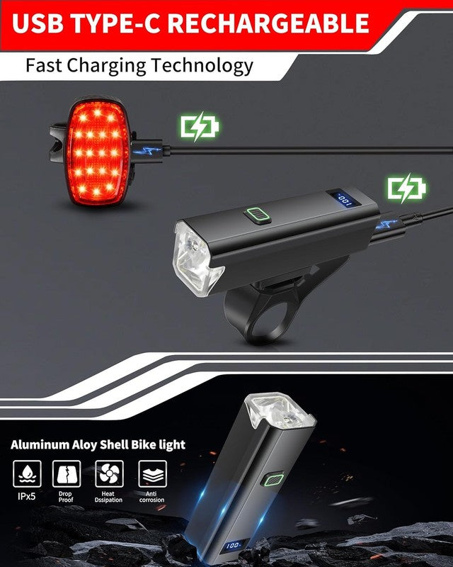 6000LM USB-C Rechargeable Bike Headlight & Tail Light Set 12+5 Modes Waterproof5