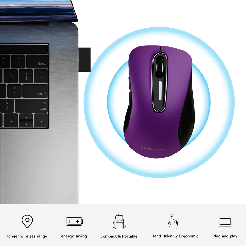 2.4GHz Wireless Mouse 1200 DPI 5 Button USB Receiver for PC Laptop Purple1