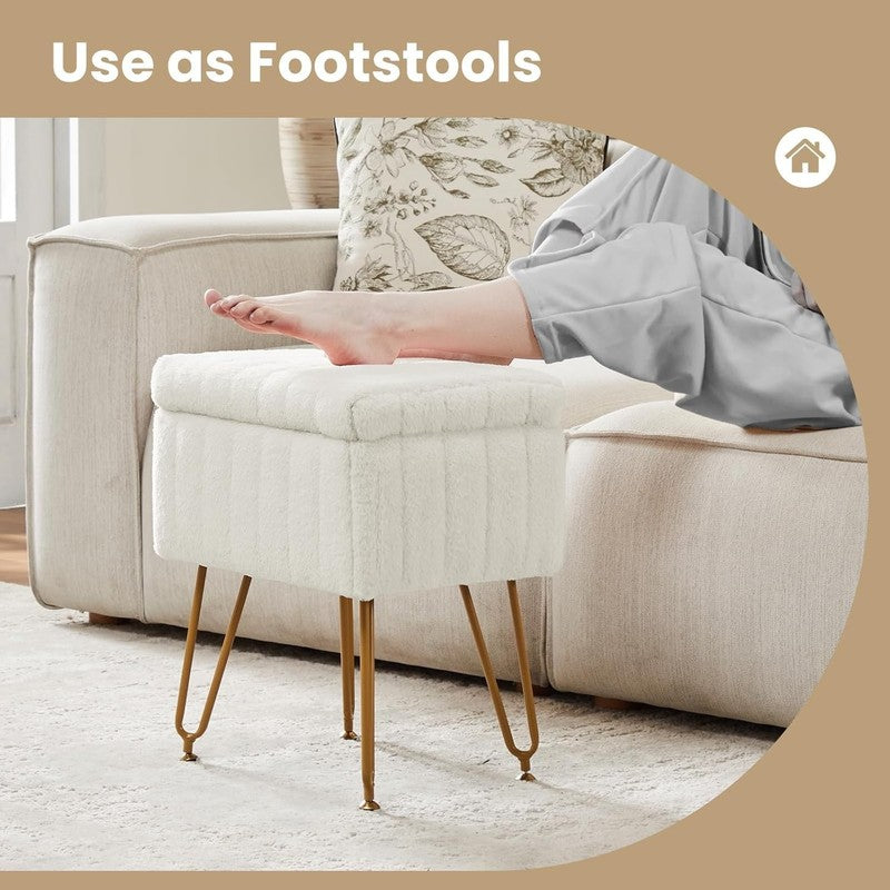 Vanity Stool Ottoman with Storage Faux Fur Seat Footrest Chair 4 Metal Legs3