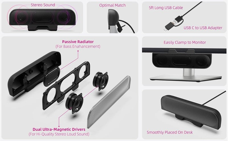 USB Computer Speaker for PC Monitor Loud Sound Bass Clamp with USB C Adapter3