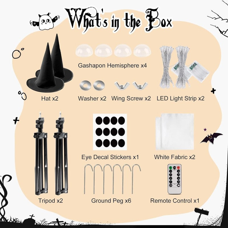 Light Up Halloween Ghosts w/ Witch Hats, 2 Pack, Indoor Outdoor Yard Decor2