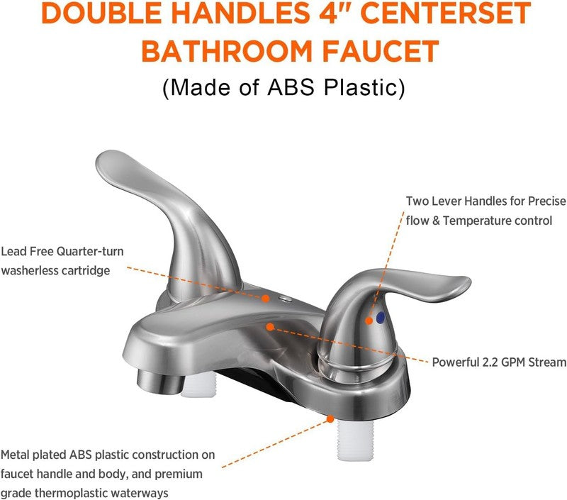 Brushed Nickel Bathroom Sink Faucet 4" Dual Handle w/ Drain Hoses RV1