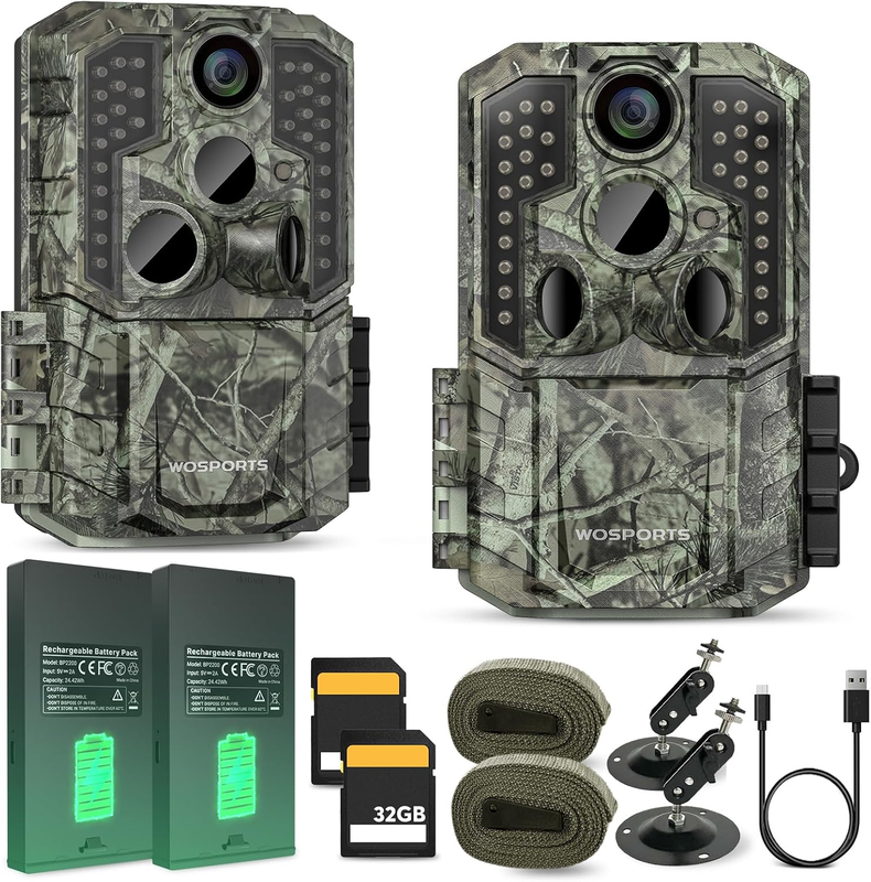 2 Pack 56MP 4K Trail Rechargeable 0.2S Night Vision Motion 120° Wildlife Cam0