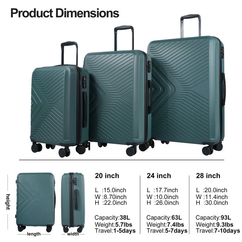 3Pc Hardside Luggage Set TSA Lock Spinner Wheels 20 24 28in Dark Green3