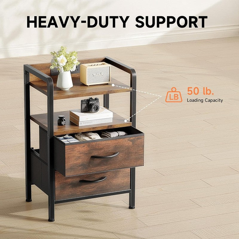 Nightstand w/ Charging Station LED Light 2 Fabric Drawers USB & AC Outlets Brown6