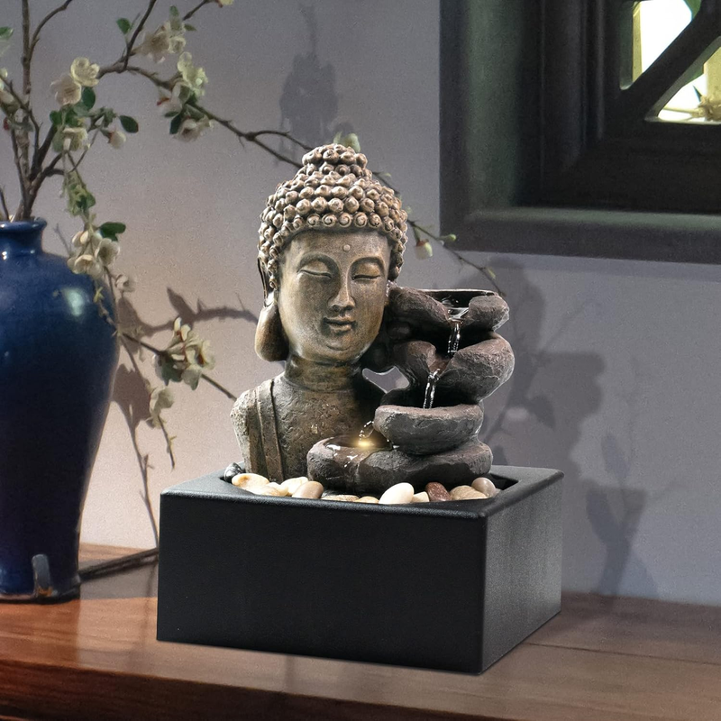 4-Tier Buddha Tabletop Waterfall Fountain LED Zen Indoor Home Office Decor5