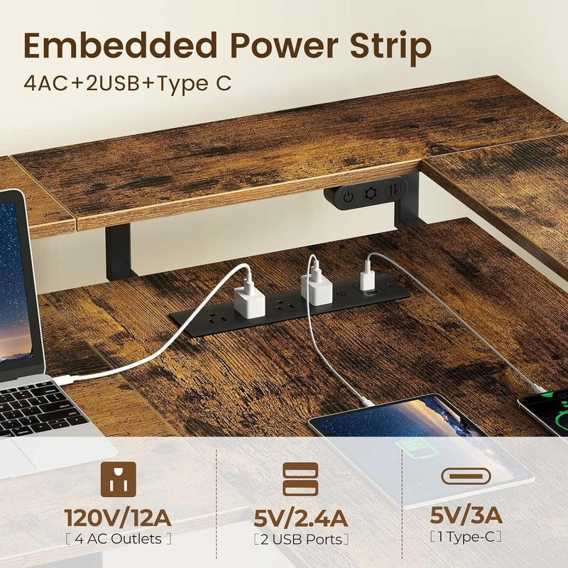 L Shaped Electric Standing Desk w/ Keyboard Tray LED Power Rustic Brown6