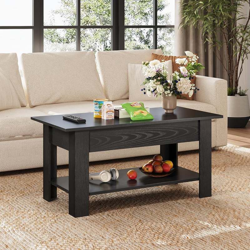 39" Lift Top Coffee Table w/ Hidden Compartment Storage Shelf Black Oak7