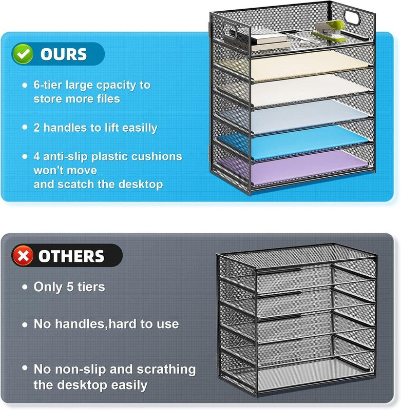 6 Tier Paper Organizer Letter Tray - Mesh Desk File Organizer with Handle, Paper1