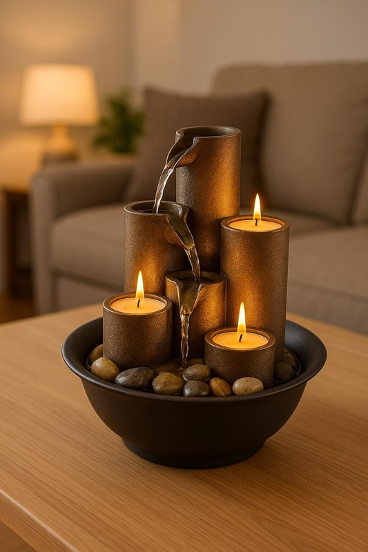 WCT202 Indoor Tabletop Tiered Water Fountain Featuring 3 Candles for Desktop and5