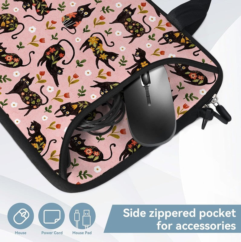 14 15.6 Laptop Sleeve Bag Flowers Cats Neoprene Carry Case w/ Handle Pocket5