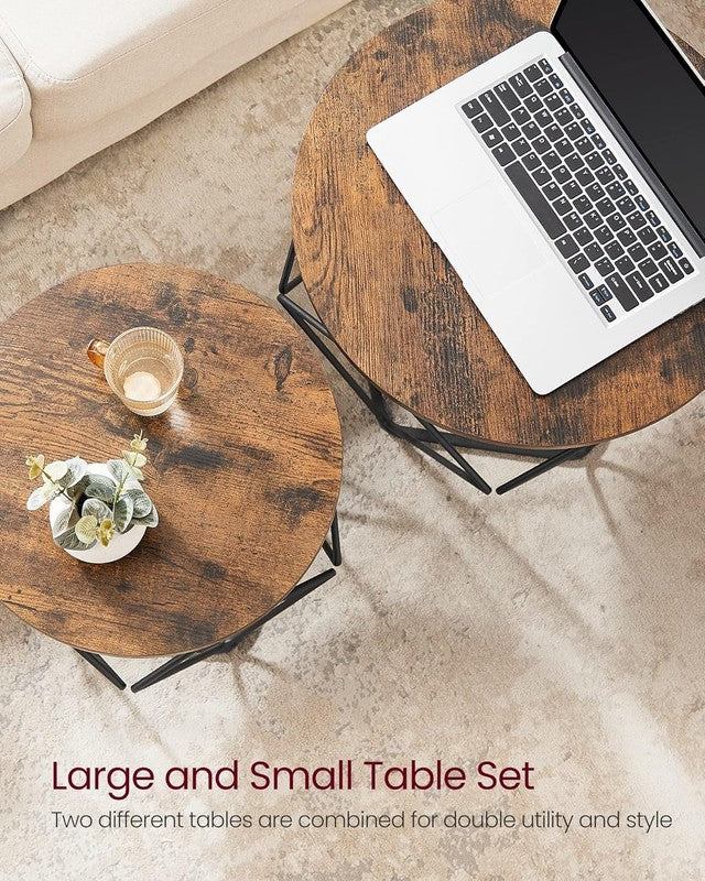 Small Round Coffee Table Set of 2 Steel Frame Side End Tables Rustic Brown Black6
