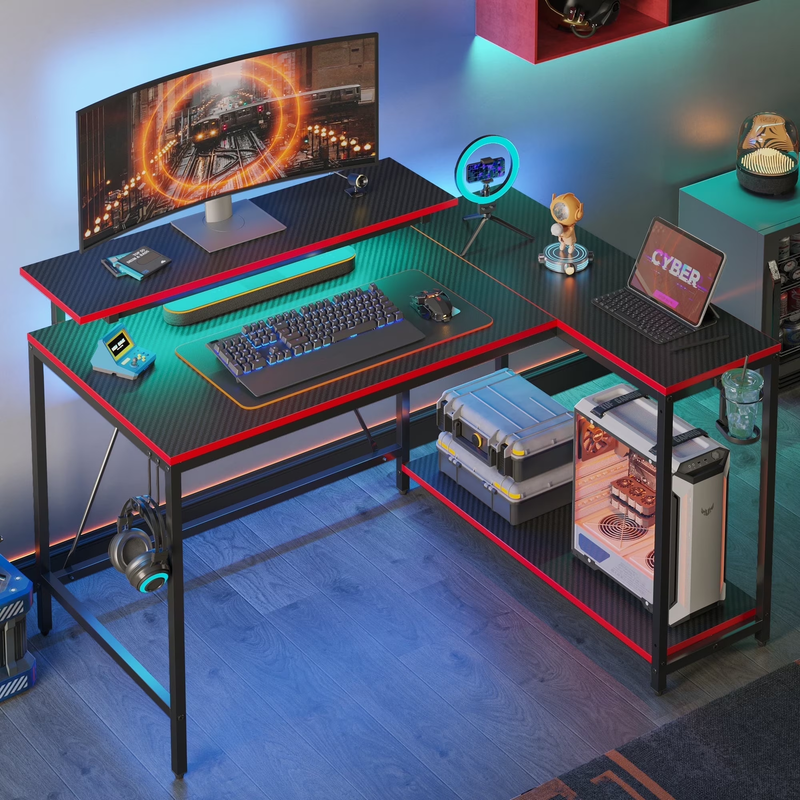 42" Reversible L-Shaped Gaming Desk LED with Monitor Stand & Headset Hooks0