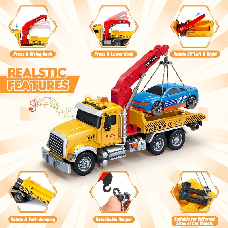 Kids Tow Truck Toys, 15" Large Toddler Car Toys, Transport Truck Crane with Road1