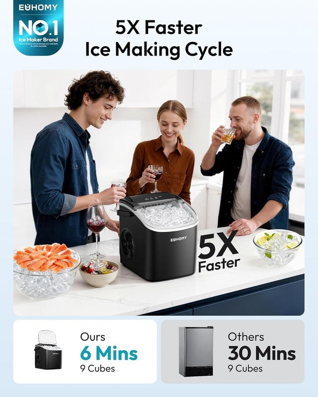 Countertop Ice Maker Machine with Handle, 26Lbs in 24Hrs, 9 Ice Cubes Ready in 61
