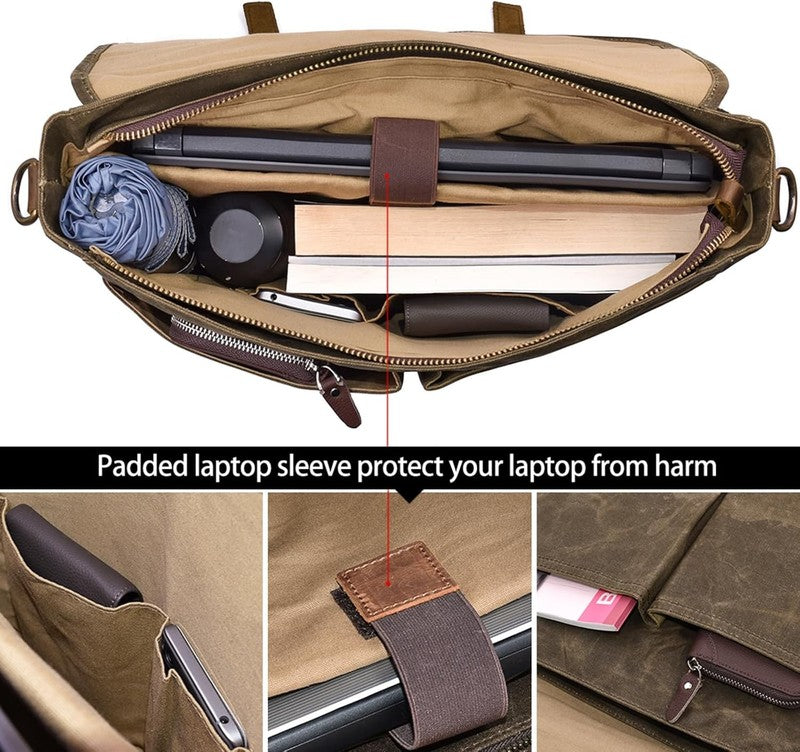 Men's 15.6" Waterproof Leather Canvas Laptop Messenger Bag Coffee Satchel3