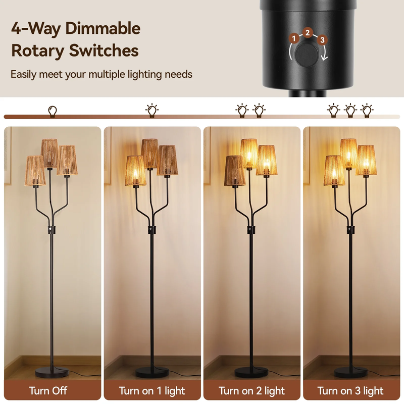 Rattan Floor Lamp 3 Tier Dimmable Rustic Boho Lighting for Living Room Bedroom9