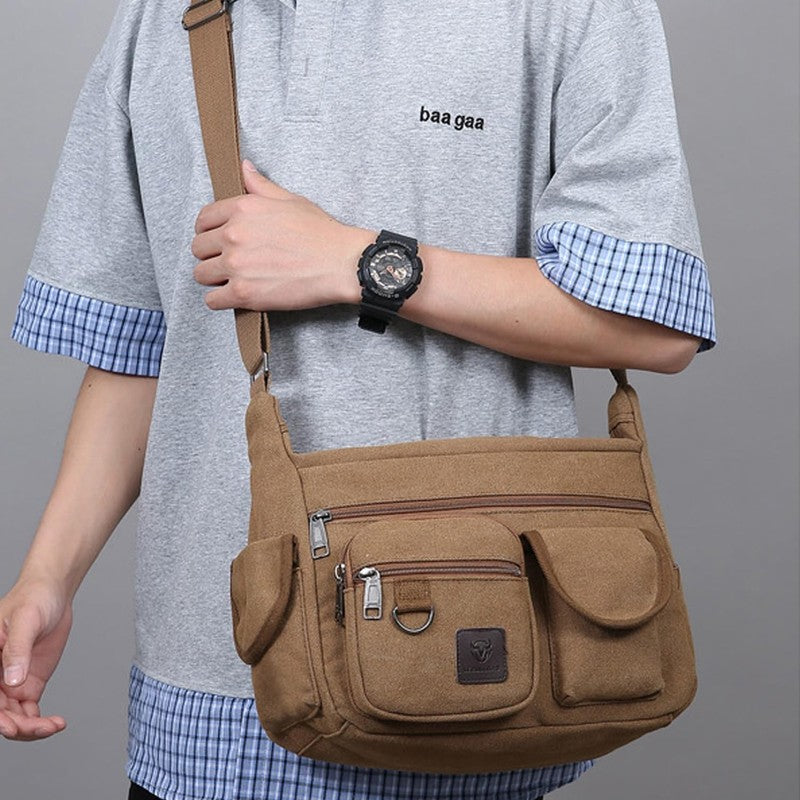 Canvas Shoulder Bag Men Multi Pockets 13 Inch Laptop Crossbody Sling Travel Bag8