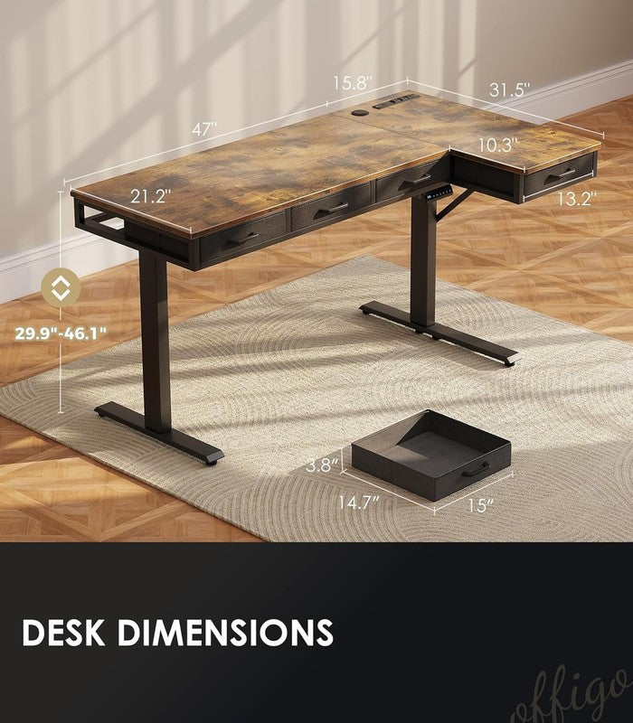 63” L-Shaped Electric Standing Desk w/ Drawers Power Outlets Rustic Brown2