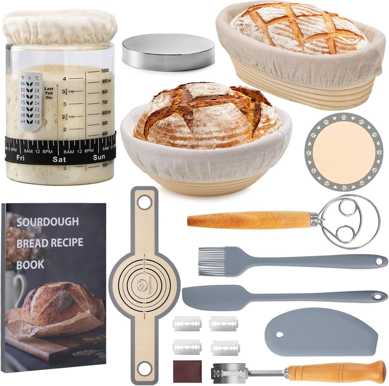 Sourdough Starter Kit w/ 40oz Jar, 9" Round & 10" Oval Banneton Baskets, Sling7